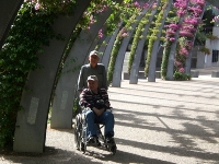 Tour guide pushing wheelchair